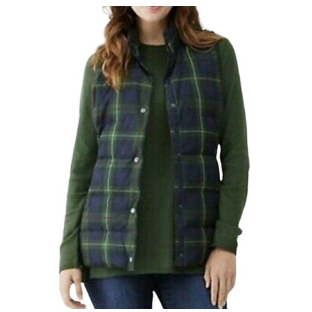 J. Jill Green Tartan Plaid Quilted Snap Front Down Puffer Vest Women's Sz M Cozy